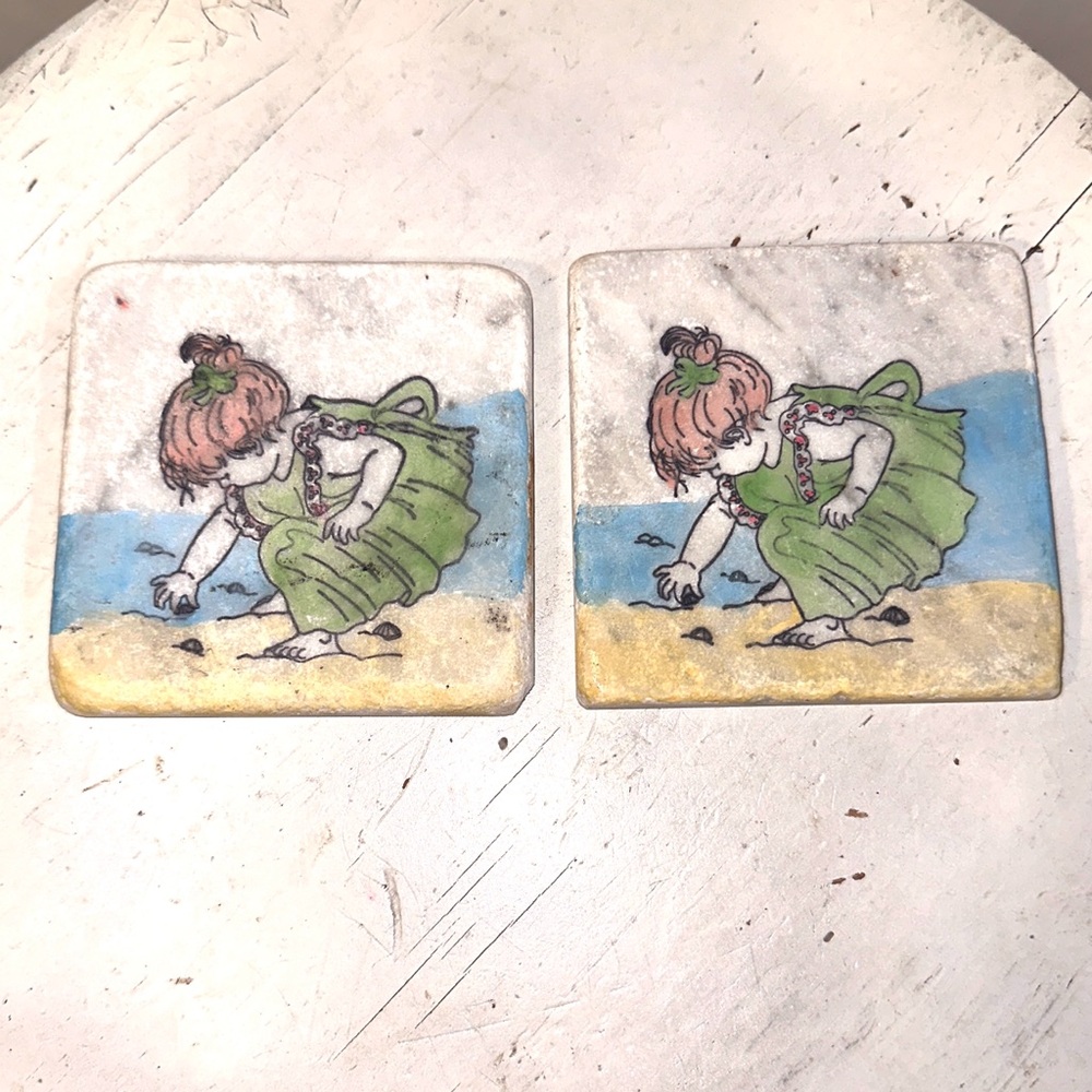 Little Girl at the Seashore Stone Tiles Lot of 2